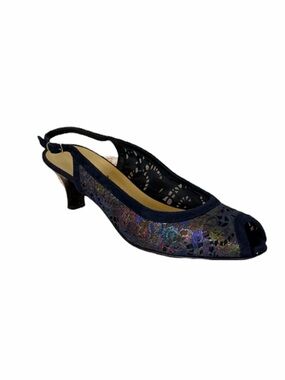 Brunate Navy Multicolor Peep Toe Slingback Kitten Heel Leather Shoes Size 38